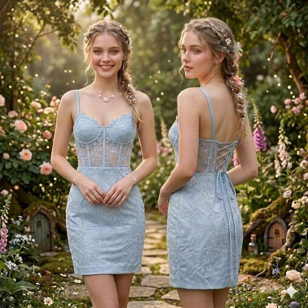 Baby Blue Lace up sheer Underwire CORSET bra Mini Dress Fairy costume XS 0 - 2